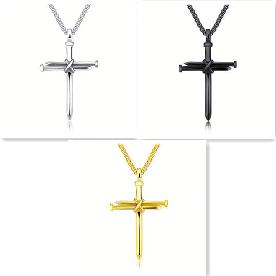 Steel Gold Black Mens Iron Nail Cross Pendant Necklace