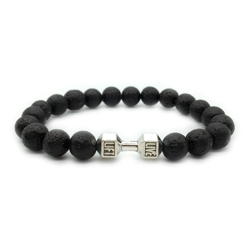 Metal Barbell & Lava Rock Stone Bead Bracelet