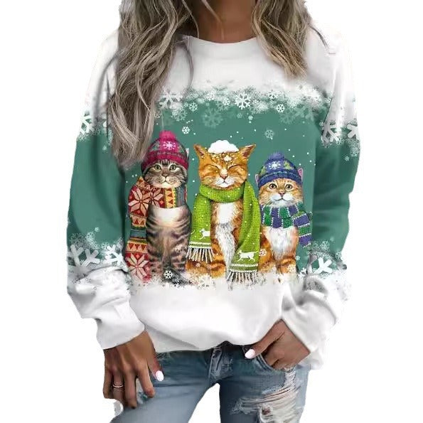 Women's Christmas New Snowman And Cat Long Sleeve