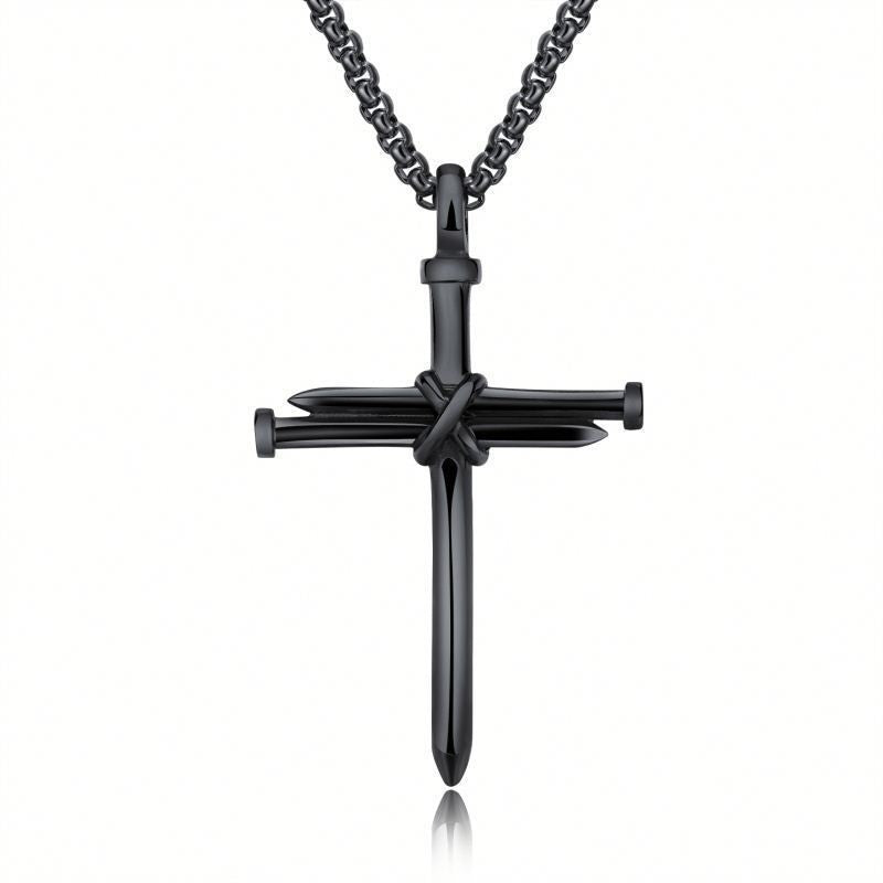 Steel Gold Black Mens Iron Nail Cross Pendant Necklace