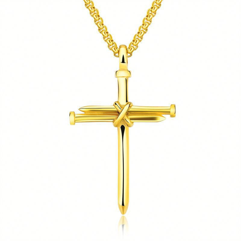 Steel Gold Black Mens Iron Nail Cross Pendant Necklace