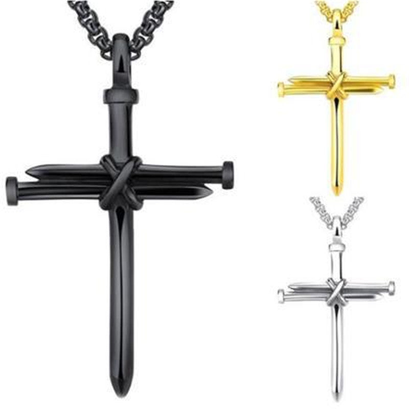 Steel Gold Black Mens Iron Nail Cross Pendant Necklace