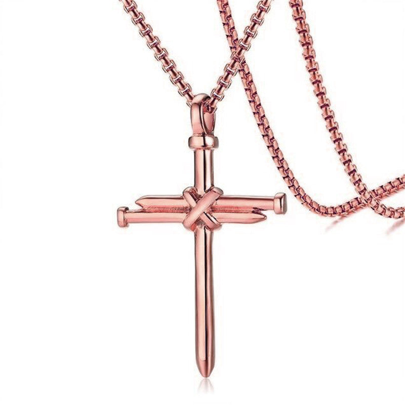 Steel Gold Black Mens Iron Nail Cross Pendant Necklace