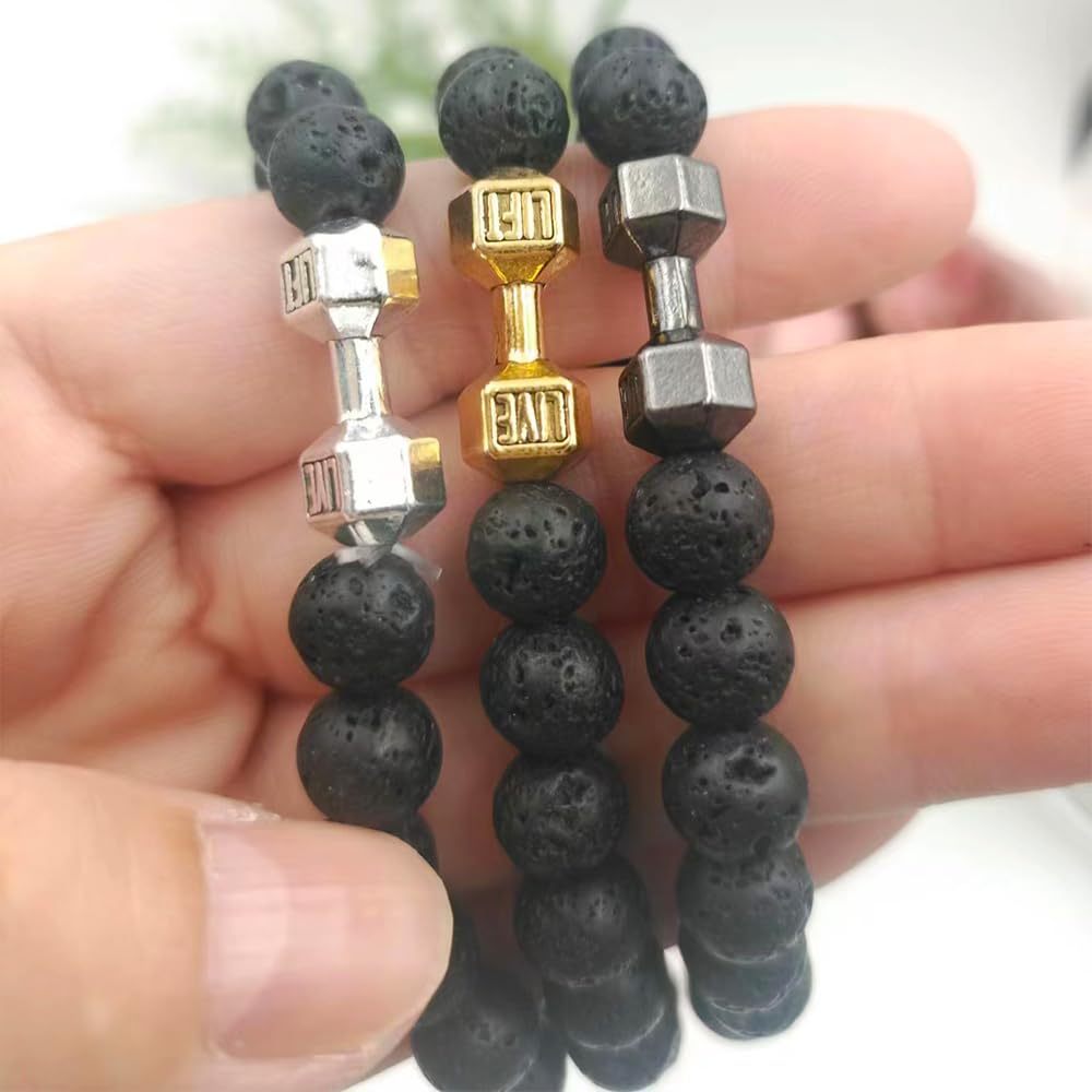 Metal Barbell & Lava Rock Stone Bead Bracelet