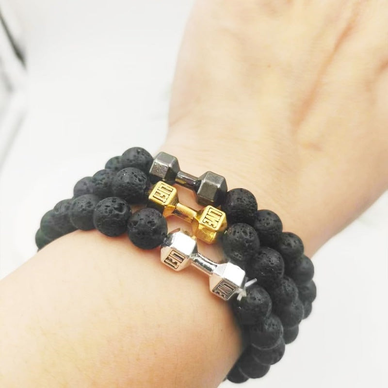 Metal Barbell & Lava Rock Stone Bead Bracelet