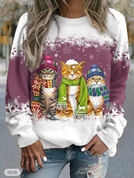 Women's Christmas New Snowman And Cat Long Sleeve