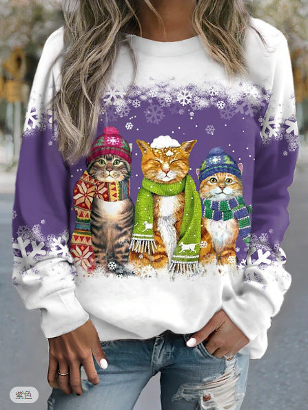 Women's Christmas New Snowman And Cat Long Sleeve