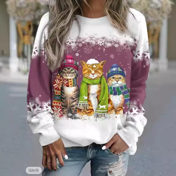 Women's Christmas New Snowman And Cat Long Sleeve