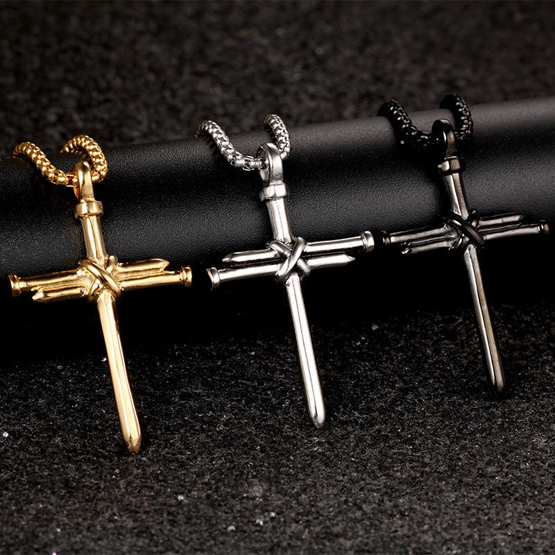 Steel Gold Black Mens Iron Nail Cross Pendant Necklace