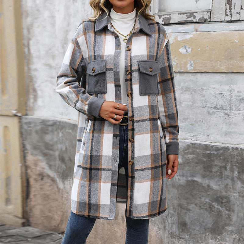 New Brushed Plaid Long Winter Jacket
