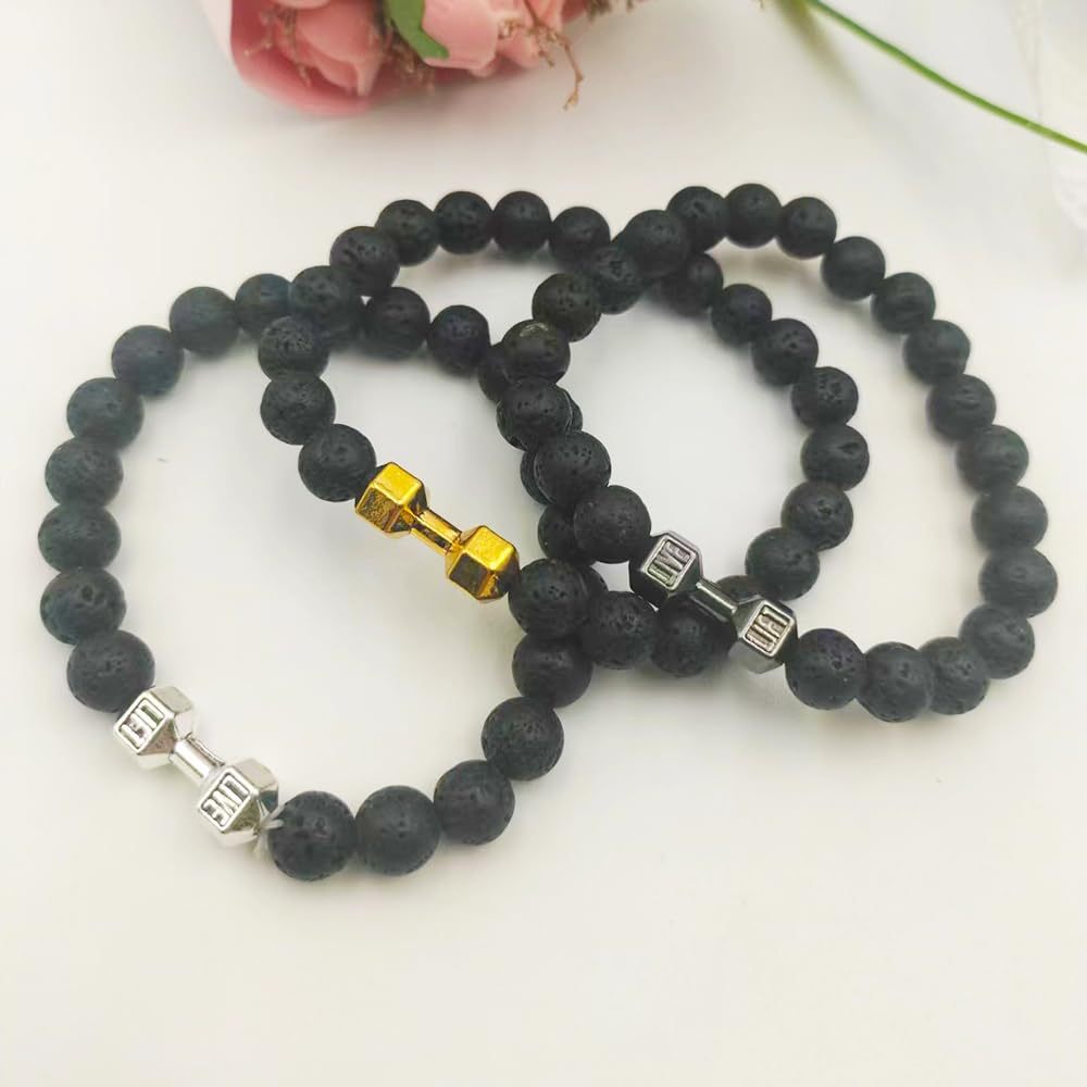 Metal Barbell & Lava Rock Stone Bead Bracelet