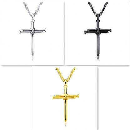 Steel Gold Black Mens Iron Nail Cross Pendant Necklace