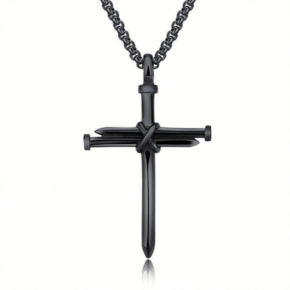 Steel Gold Black Mens Iron Nail Cross Pendant Necklace