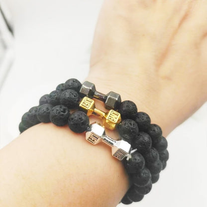 Metal Barbell & Lava Rock Stone Bead Bracelet