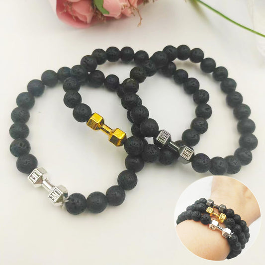 Metal Barbell & Lava Rock Stone Bead Bracelet