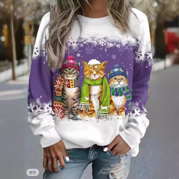 Women's Christmas New Snowman And Cat Long Sleeve