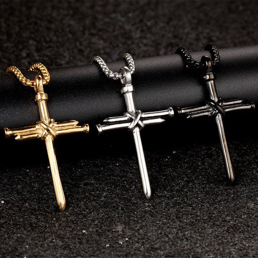 Steel Gold Black Mens Iron Nail Cross Pendant Necklace
