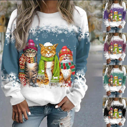 Women's Christmas New Snowman And Cat Long Sleeve